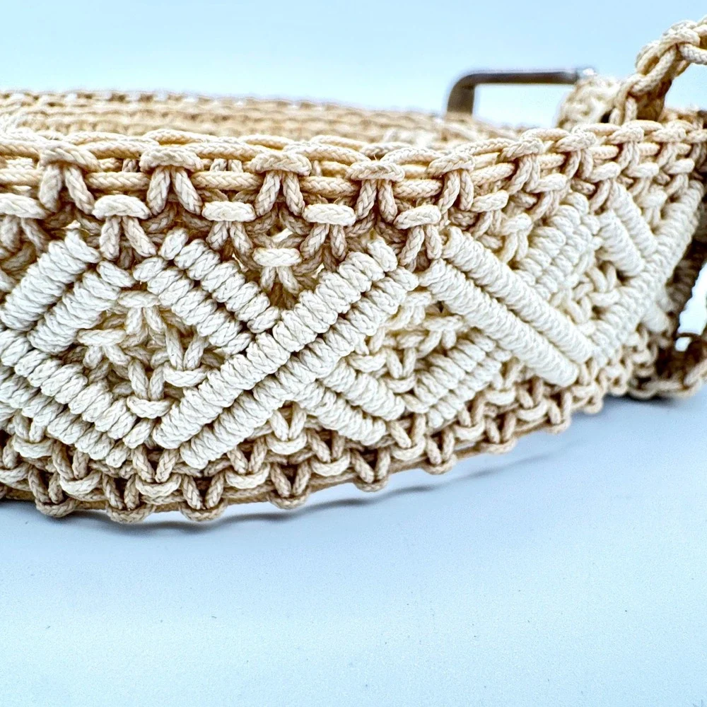 Vintage Beige Macrame Woven Belt Diamond Pattern‎ Boho Silver Buckle 55 Inch